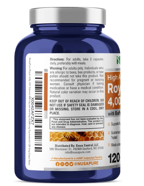 Royal Jelly 4000mg Com Bioperine,  Geleia Real, 120 cápsulas, NusaPure