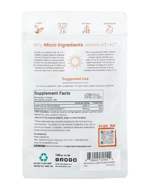 Vitamina D3 5000UI + K2 100mcg, 300 Cápsulas, Micro Ingredients