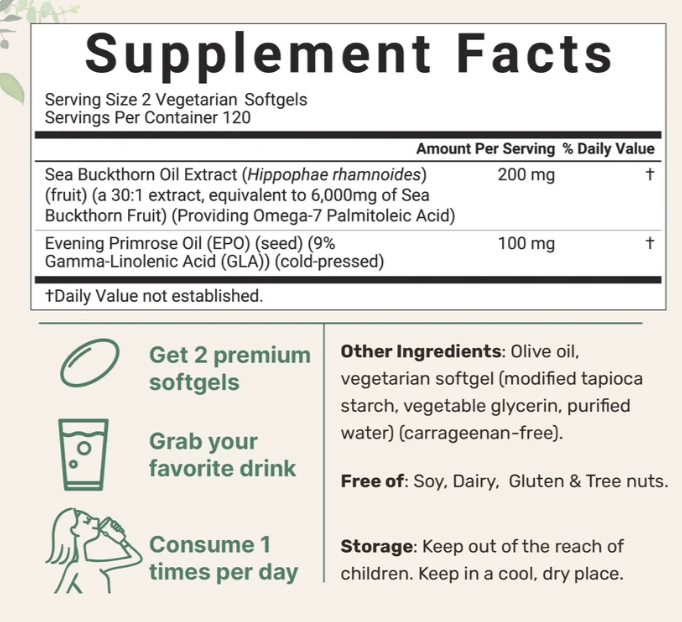 Omega-7 Sea Buckthorn Oil 6,000mg, Óleo de Espinheiro-Mar Vegano, 240 Cápsulas, Micro Ingredients