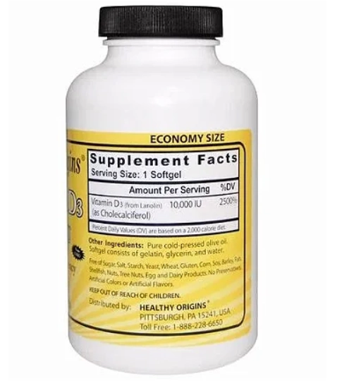 Vitamina D3 10,000UI, 120 Softgels, Healthy Origins