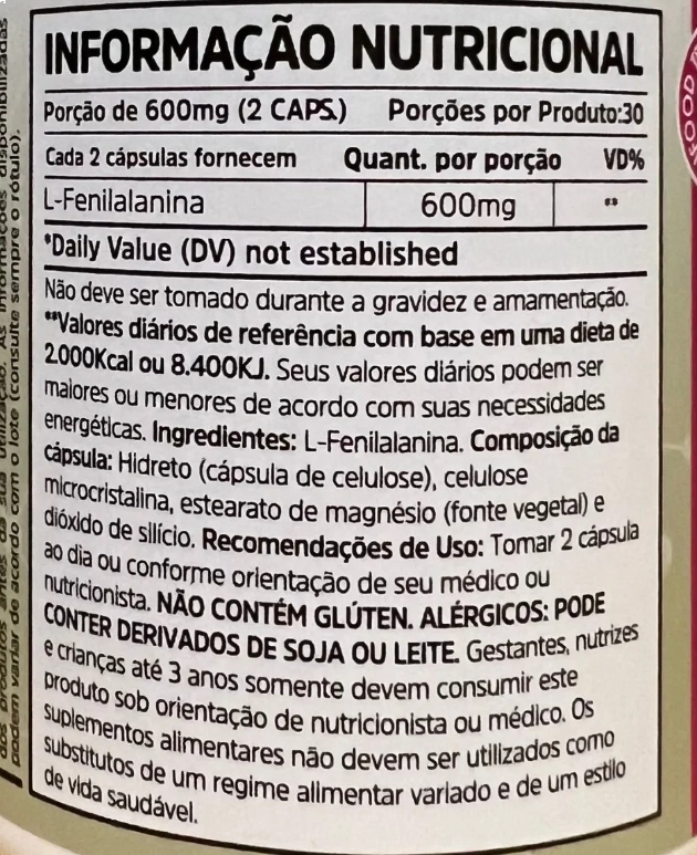 Fenilalanina Aminoácido Essencial, 600mg, 60 Cápsulas, Sunfood