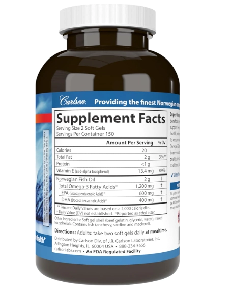 Super Ômega-3 1200mg, Óleo de Peixe Selvagem Norueguês, 300 Cápsulas, Carlson