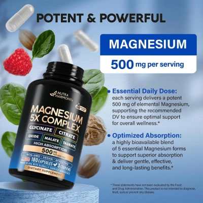 Complexo de Magnésio 5 em 1, 500 mg, 180 Cápsulas, Nutra Harmony 