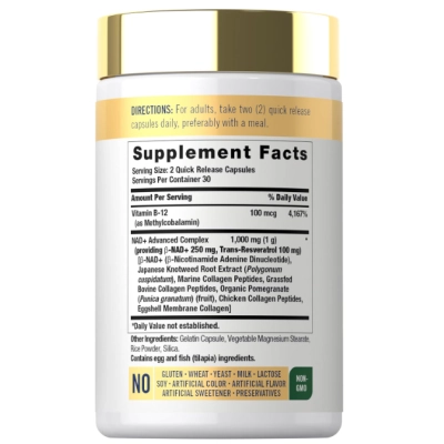 NAD+ 1000mg Complex com Peptídeos de Colágeno, 60 Cápsulas, Carlyle