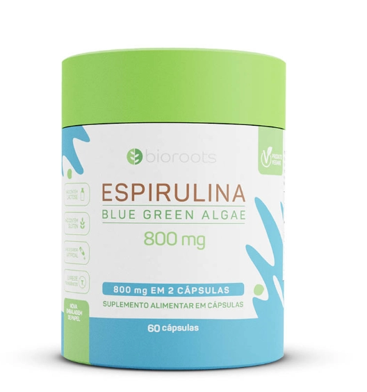 Espirulina Blue Green Algae, 800mg, 60 Cápsulas, Bioroots