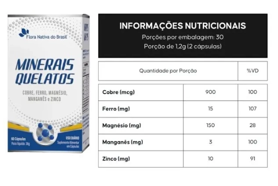 Minerais Quelatos, com Cobre, Ferro, Magnésio, Manganês e Zinco, 60 Cápsulas, Flora Nativa