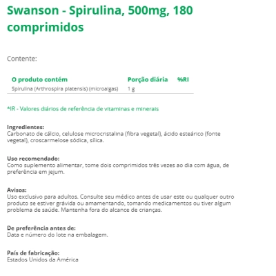 Spirulina 500mg, 180 Comprimidos, Swanson 