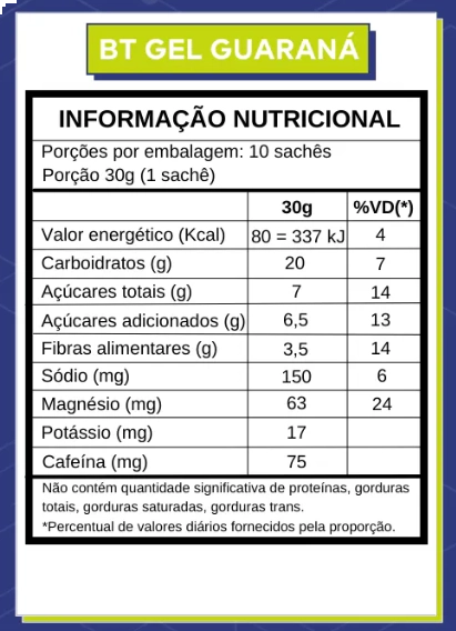 BT Gel, Sabor Guaraná, Com Cafeína, 30g cada, Caixa com 10, Dobro