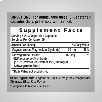 Glicinato de Magnésio + Ashwagandha, 1500mg, 150 Cápsulas, PipingRock 