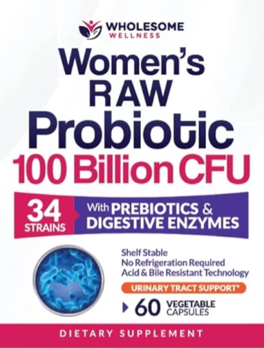Probióticos Crus para Mulheres,  100 Bilhões de CFUs, Prebióticos e Enzimas Digestivas, 60 Cápsulas, Wholesome Wellness