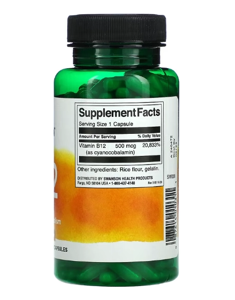 Vitamina B12 Cyanocobalamin, 500mcg, 250 Cápsulas, Swanson