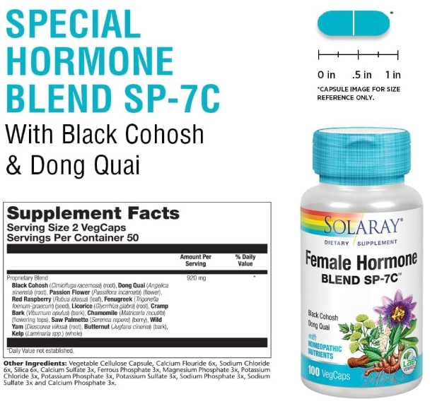 Female Hormone Blend, Hormônios Femininos Com Cimicifuga, Dong Quai e Flor da Paixão, 100 Cápsulas, Solaray
