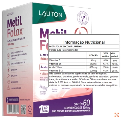 Metil Folax, Ácido Fólico Ativo 600mcg, 60 comprimidos, Lauton Nutrition