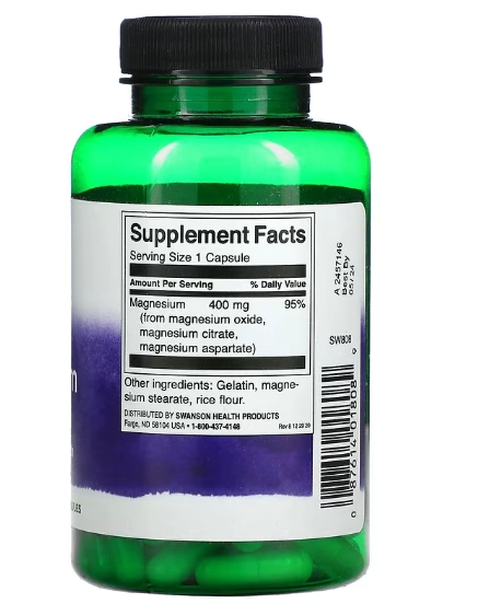 Triplo Magnésio, 400mg, 100 Cápsulas, Swanson