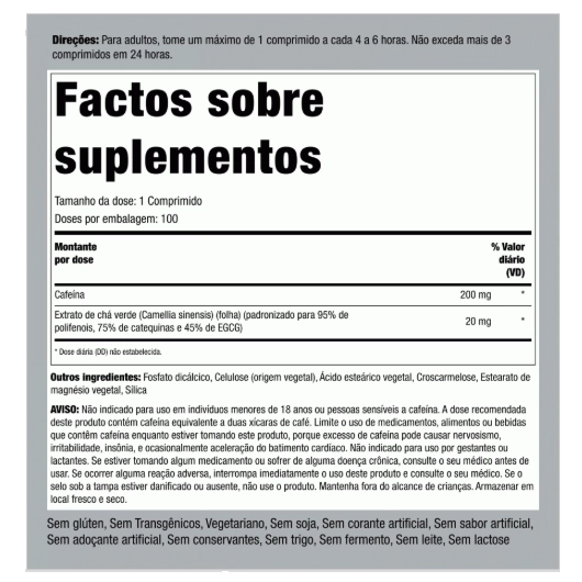Cafeína 220mg com Chá Verde, 100 Tabletes, PipingRock