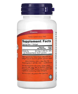 Vitamina D3, Alta Potência, 25mcg 1000UI, 360 Cápsulas, Now