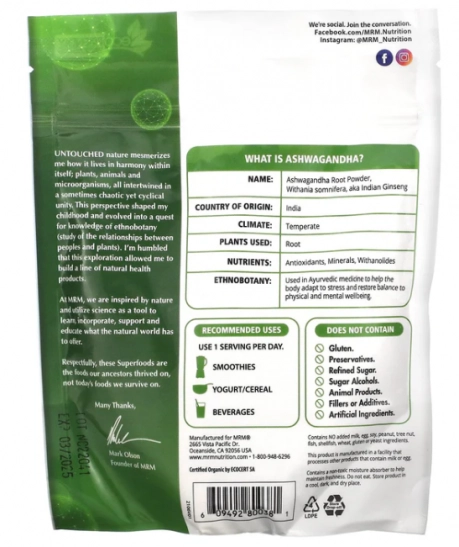 Pó de Raiz de Ashwagandha Orgânico, 113g, MRM Nutrition