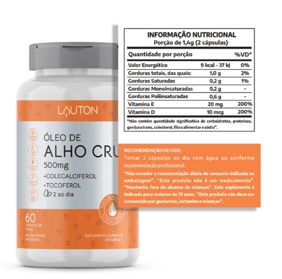 Óleo de Alho Cru, 500mg, 60 Cápsulas, Lauton Nutrition