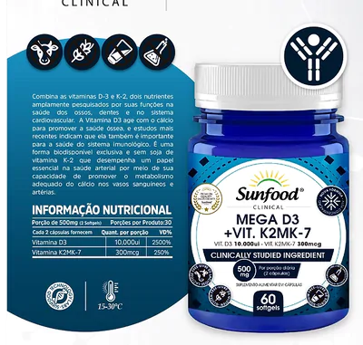 Mega Vitamina D3 + K2 Mk7, 500mg, 60 Softgels, Sunfood