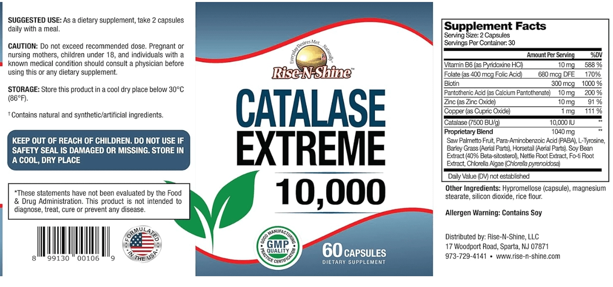Catalase Extreme 10000UI, 60 Cápsulas, Rise N Shine