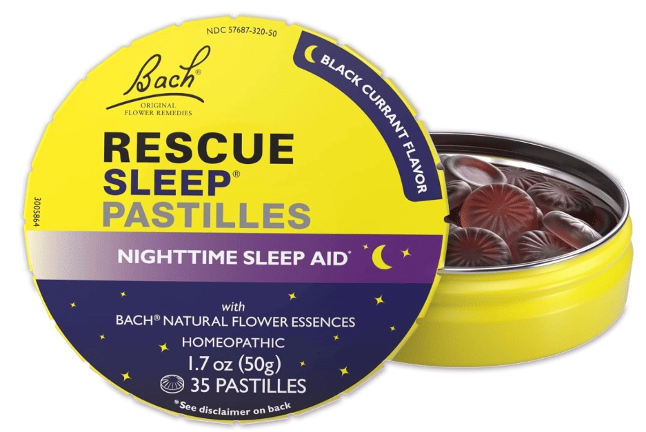 Pastilhas Rescue Bach Sleep, Pastilhas para ajudar a Dormir Com Melatonina, 35 Pastilhas Sabor Groselha preta, Rescue