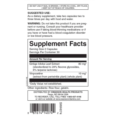 Ginkgo com Vinpocetina, 60 Cápsulas, Swanson
