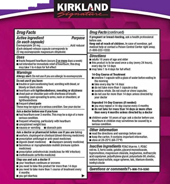Esomeprazol Magnesium, Protector Gástrico, 14 Cápsulas, Kirkland