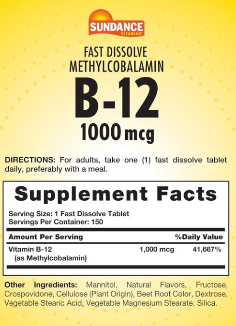 Vitamina B-12 Metilcobalamina 1000mcg,  150 comprimidos Sabor Morango, Sundance