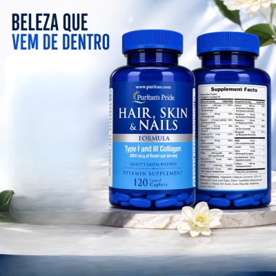Hair, Skin & Nails, Cabelos, Pele e Unhas Saudáveis, 120 Cápsulas, Puritan’s Pride
