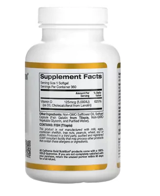 Vitamina D3, 125 mcg (5.000 UI), 360 Cápsulas, California Gold