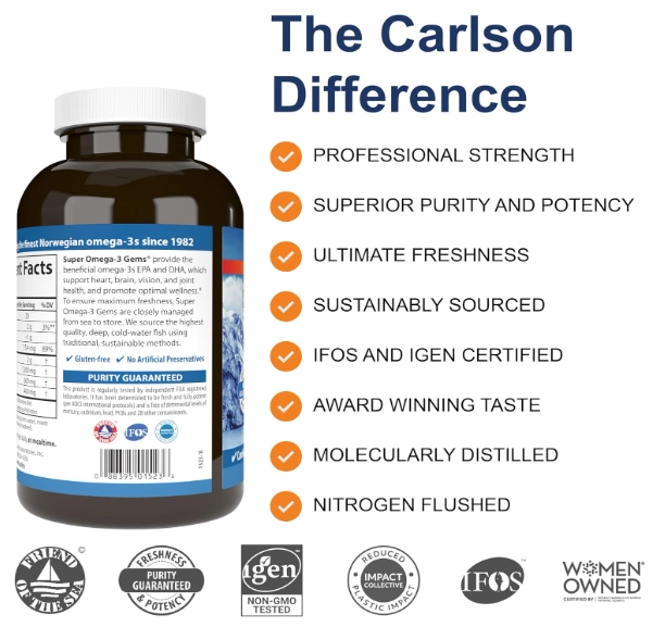 Super Ômega-3 1200mg, Óleo de Peixe Selvagem Norueguês, 300 Cápsulas, Carlson