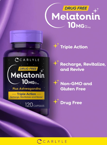 Melatonina 10mg Plus Ashwagandha, Força Tripla, 120 Cápsulas, Carlyle