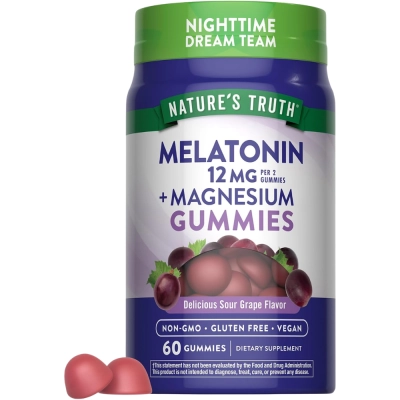 Melatonina + Magnésio, 12mg, Sabor Uva, 60 Gomas, Natures Truth