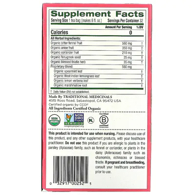 Chá (leite materno orgânico) Com erva-doce e feno-grego, sem cafeína, 32 saquinhos, 56g, Traditional Medicinals