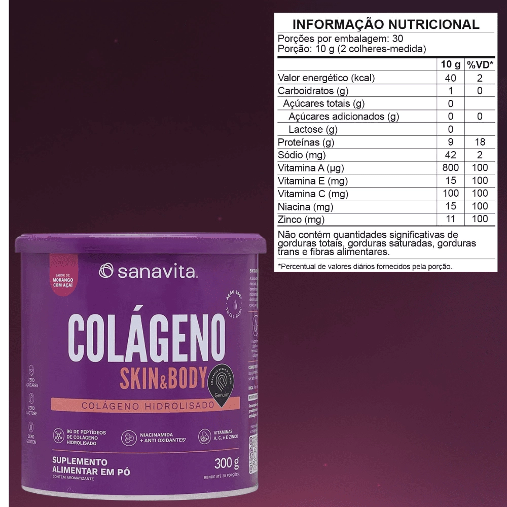 Colágeno Skin e Body 300g, Sabores - Sanavita