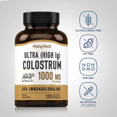 Ultra High IG Colostrum 1000mg, Suporte à Imunidade, Bem-Estar e Recuperação Diária, 120 Cápsulas, Piping Rock