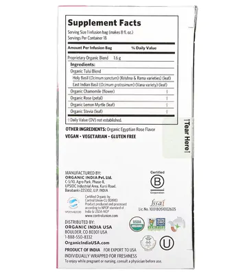 Chá (Tulsi, Rosa Doce) Sem Cafeína, 18 Sacos de Infusão, Organic India