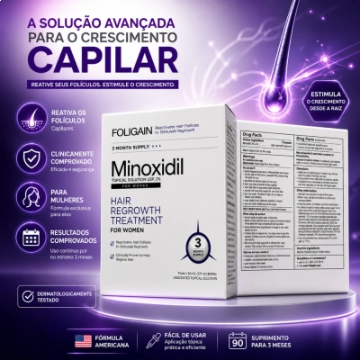 Minoxidil 2%, Tratamento para Estímulo do Crescimento Capilar Feminino e Ativação dos Folículos, 3 Meses, Foligain