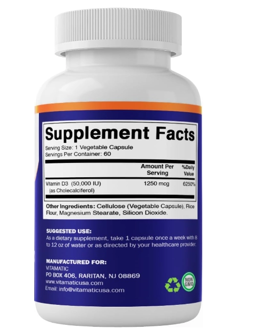 Vitamina D3 50.000UI, 1250mcg, 60 Cápsulas, Vitamatic