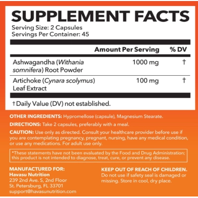 Ashwagandha 1000mg, com Extrato de Alcachofra, 90 Cápsulas, Havasu Nutrition