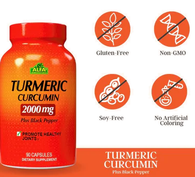 Turmeric Cúrcuma, 2000mg, 95% Curcuminoides com Extrato de Pimenta Preta, 90 Cápsulas, Alfa Vitamin