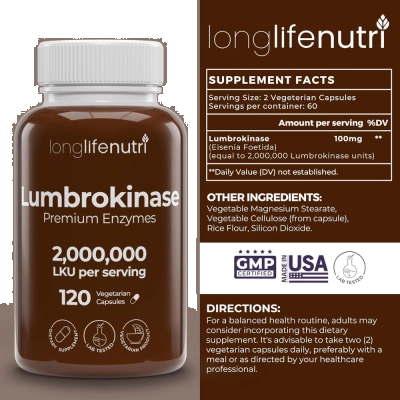Lumbrokinase Premium Enzymes 2000000 LKU por porção, 120 Cápsulas, Long Life Nutri