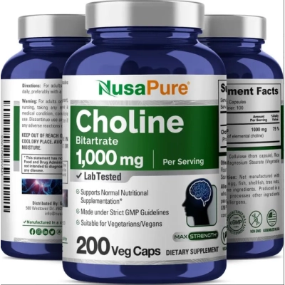 Choline Bitartrate 1000mg, Colina, 200 Cápsulas, NusaPure 