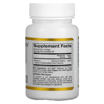 Vitamina D3 50mcg, (2000IU) 90 Cápsulas, California Gold