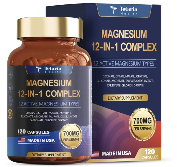 Complexo de Magnésio 700mg, Glicinato, Óxido de Malato, Taurato, Aspartato e Orotato, 120 Capsulas, Totaria Health