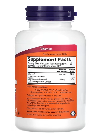 Ascorbato de Magnésio Tamponado, Vitamina C em pó, 227g, Now