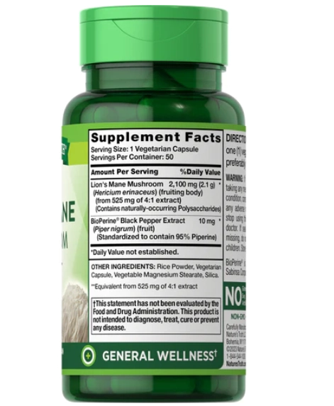 Lion's Mane, Juba de Leão, 2100mg, 50 Cápsulas, Nature's Truth