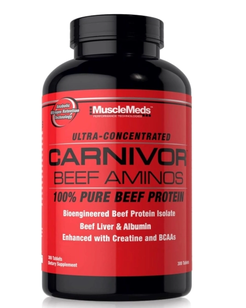 Carnivor Beef Aminos, Proteína Bovina Isolada, BCAAs e Creatina, 300 Comprimidos, MuscleMeds