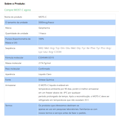 Mots-c 5mg Peptideo, Mitocondrial Gerador de Energia, Gen Pharma