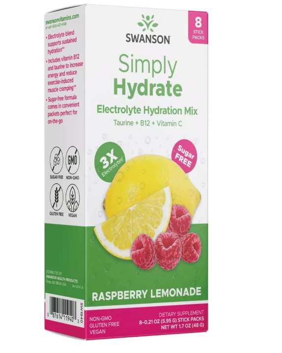 Simply Hydrate Electrolyte Hydration Mix, 8 Pacote 5,95g cada, Sabor Limonada de Framboesa, Swanson